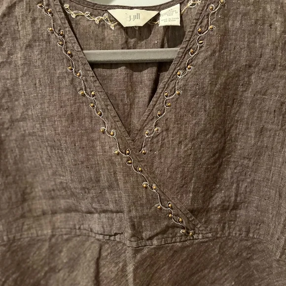 Linen Vintage J Jill Brown Sleeveless Blouse with Embroidery and Beads - Picture 2 of 5
